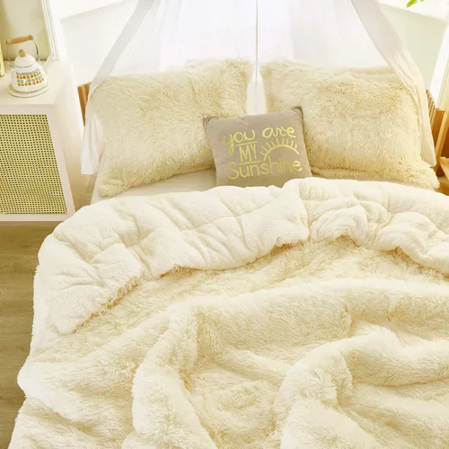 Miniatura 4 de Juego de edredón de lujo de pelo sintético lanudo tamaño matrimonial/queen, edredón reversible de felpa y sherpa, color beige, juego de ropa de cama