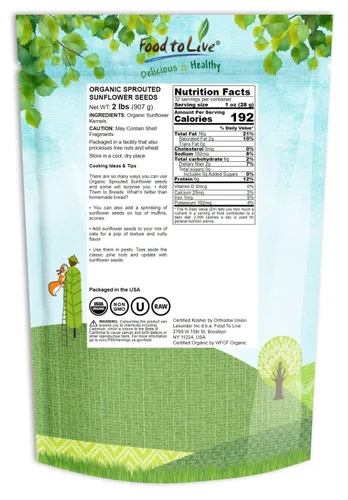 Miniatura 2 de Food to Live Semillas de girasol germinadas orgánicas, 2 libras, sin OMG, Kosher, sin cáscara, sin sal, granos crudos, superalimento vegano, comida