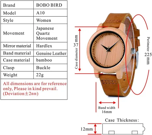 Miniatura 4 de BOBO BIRD Reloj de madera de bambú para hombre y mujer con correa de cuero de vaca marrón, relojes casuales de cuarzo analógico