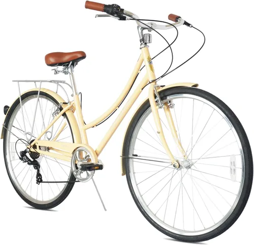 MICARGI Kansans Beach Cruiser Bike - Empuñaduras de cuero de 7 velocidades y cojín de asiento V-Brake para adultos Vainilla