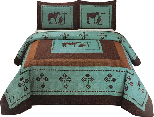 Miniatura 2 de Western Peak Praying Cowboy Horse Barb Wire Star Cabin Lodge Juego de colcha de lujo de 3 piezas beige marrón (beige King)