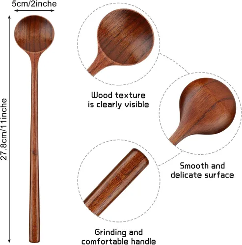 Miniatura 2 de Patelai 6 cucharas de madera de 11 pulgadas, cucharas de madera de mango largo, cuchara de sopa de estilo coreano japonés para cocinar, comer