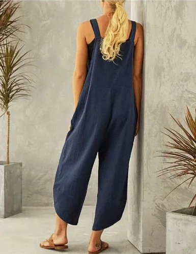 Miniatura 4 de Lingjiazi Overol de algodón y lino ajustable para mujer, sin mangas, holgado, con bolsillos
