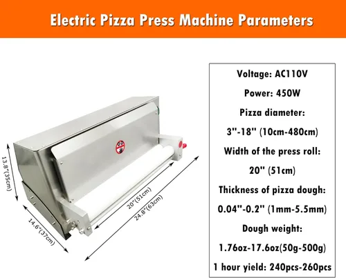 Miniatura 2 de INTSUPERMAI Hoja de rodillo de masa de pizza eléctrica de 20 pulgadas, máquina de prensa de masa comercial de 450 W, grosor ajustable de 0.04 a 0.2