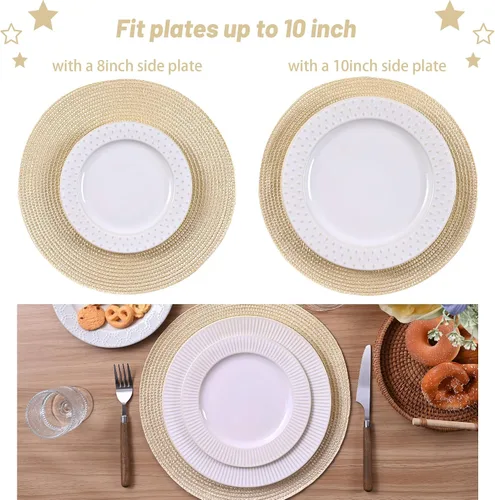 Miniatura 58 de Feuille Juego de 4 manteles individuales redondos trenzados para mesa de comedor, tejidos, lavables, antideslizantes, 13.5 pulgadas