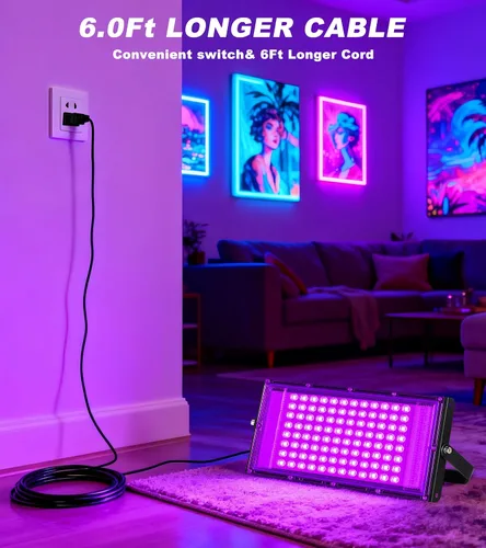 Miniatura 5 de Luz LED Negra de 100W IP66 Impermeable, Reflector de Luz Negra para Exteriores con Enchufe+Interruptor+Cable, para Halloween, Neón que Brilla