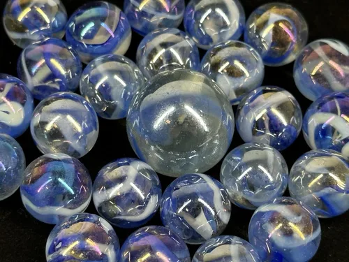 Miniatura 3 de ~25 canicas de cristal Caballito de mar naranja/remolino azul estilo clásico paquete de juego (24 jugadores, 1 tirador) decoración/relleno