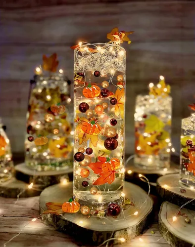 50 hojas de otoño realistas flotantes, calabazas, mamás y perlas, tamaños grandes, 3 cadenas de luces sumergibles de color blanco cálido, baterías