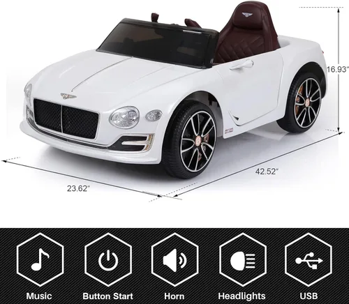 Miniatura 2 de SEHOMY - Auto blanco eléctrico para niños de 12 V con control remoto para padres, autos con licencia Bentley para niños, auto de juguete para niños