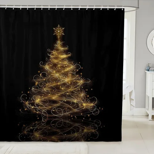 Miniatura 15 de Homewish Cortina de ducha de árbol de Navidad, juego de cortina de ducha de baño con diseño de copo de nieve dorado para niños y adultos, cortina