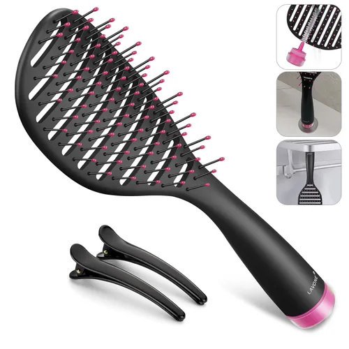 Cepillo para el cabello, cepillo curvo ventilado de secado rápido, cepillo desenredante con un limpiador de cepillo integrado, pinzas para el