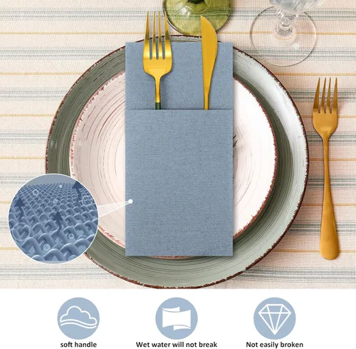 Miniatura 6 de Seajan 35 servilletas de lino de bolsillo, servilletas desechables de papel airlaid preplegadas con bolsillo integrado para cubiertos para Azul