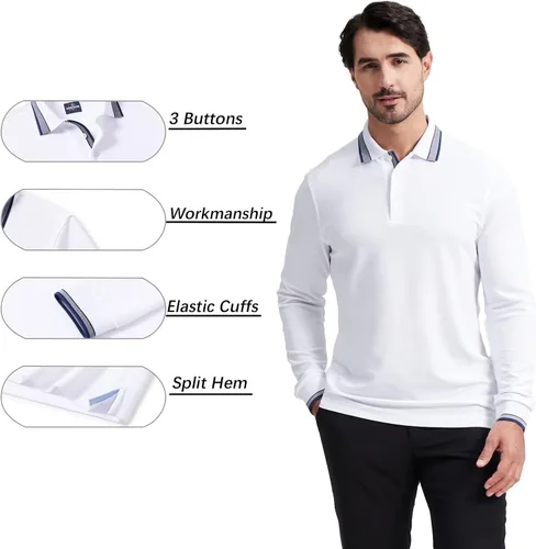Miniatura 4 de Polo de piqué para hombre, manga larga, con punta de mezcla de algodón, casual, con cuello, ajuste clásico