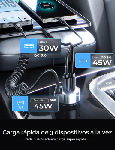 Miniatura 4 de LISEN - Cargador de coche con cable en espiral USB-C integrado de 36 pulgadas de 45 W, adaptador de encendedor de cigarrillos de carga rápida