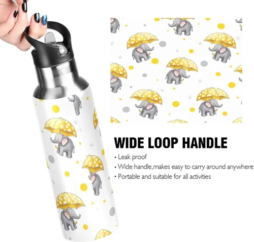 Miniatura 4 de Cute Elephants Yellow Umbrellas Stainless Steel Vacuum Insulated Water Bottle 32 Oz Leakproof Water Bottles, BPA-Free Sport Water Bottle