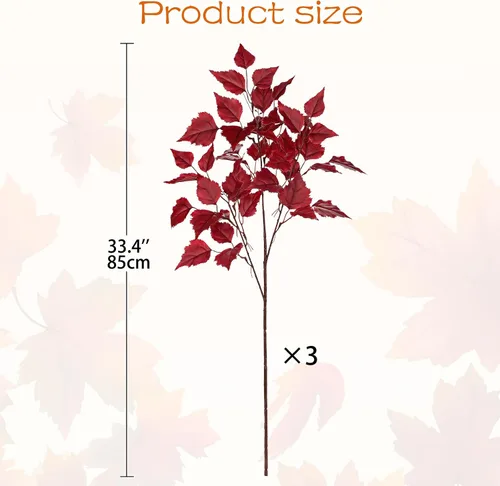Miniatura 2 de Hollyone 3 hojas de abedul artificiales de otoño con tallos de seda de 33 pulgadas, ramas de hojas de otoño de color burdeos sintético, decoración