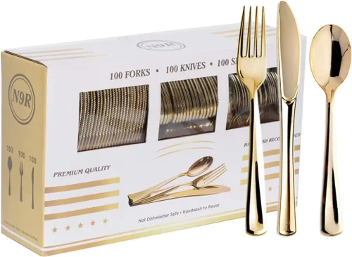 N9R 300 cubiertos de plástico dorado, juego de cubiertos de plástico dorado resistente, vajilla desechable, 100 tenedores, 100 cucharas, 100