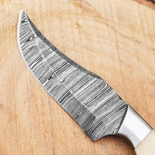 Miniatura 9 de Cuchillo de caza de Damasco hecho a mano de 8.25 pulgadas - Cuchillos de hoja fija con mango de hueso y funda de cuero - Cuchillo personalizado