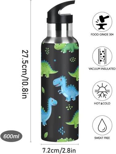 Miniatura 9 de Stainless Steel Vacuum Insulated Water Bottle 32 Oz, Leakproof Water Bottles for Gym Outdoor Travel School, Cartoon Dinosaurs Dot Black