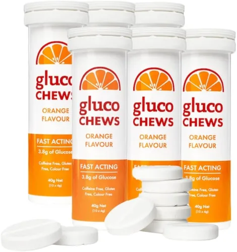 Glucochews - Tabletas de glucosa naranja – 60 tabletas (10 por tubo, 6 tubos de tamaño de bolsillo) – 0.14 oz de glucosa de acción rápida cada una –