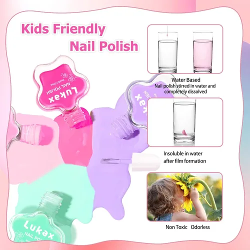 Miniatura 5 de Lukax Juego de esmaltes de uñas para niñas – 6 colores no tóxicos seguros para niños pequeños, a base de agua, despegar y quitar poco olor, kit