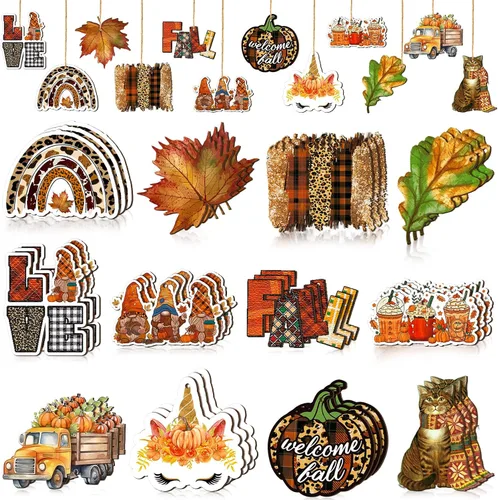 Miniatura 7 de FairySandy 36 piezas de decoración y adornos de árbol de otoño, gnomos de Acción de Gracias, adornos colgantes de madera, calabazas, hojas, flores
