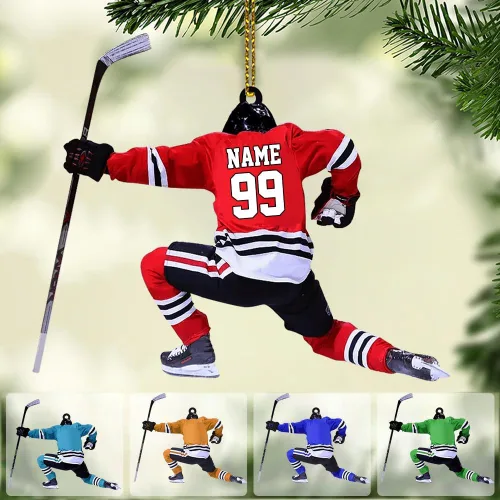 NAZENTI Adorno personalizado de jugador de hockey, adorno navideño de hockey personalizado, adorno de auto de hockey personalizado plano, adorno de