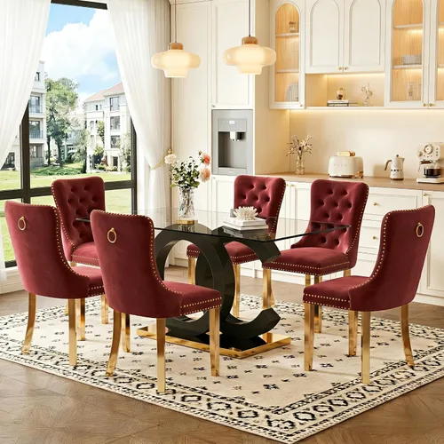 Miniatura 33 de Juego de mesa de comedor de cristal de 63 pulgadas para 6, juego de mesa de comedor moderno para 6, mesa de vidrio templado con patas negras
