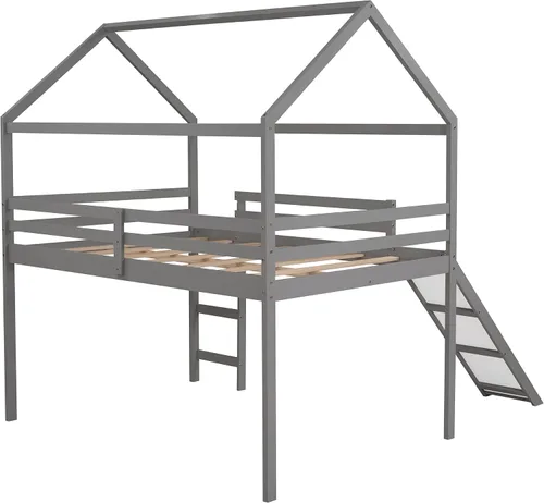 Miniatura 6 de Harper & Bright Designs Cama alta de tamaño matrimonial con tobogán, cama alta de madera, marco de cama tipo loft con techo y barandilla, cama alta