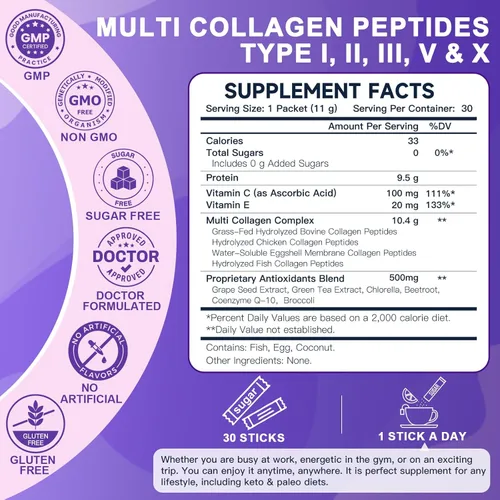 Miniatura 2 de DRFOSTER Paquetes de péptidos de colágeno en polvo, colágeno múltiple tipo I II III V X para mujeres con mezcla antioxidante + vitamina C y E