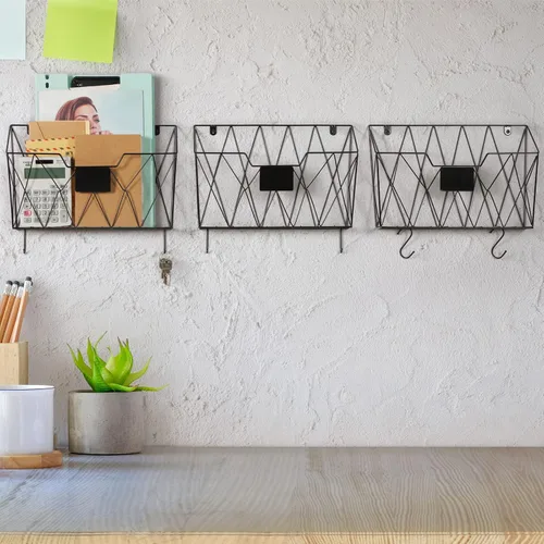 Miniatura 5 de OYEAL Organizador de archivos de pared colgante de metal, 3 bolsillos, organizador de correo montado en la pared con ganchos para oficina y hogar