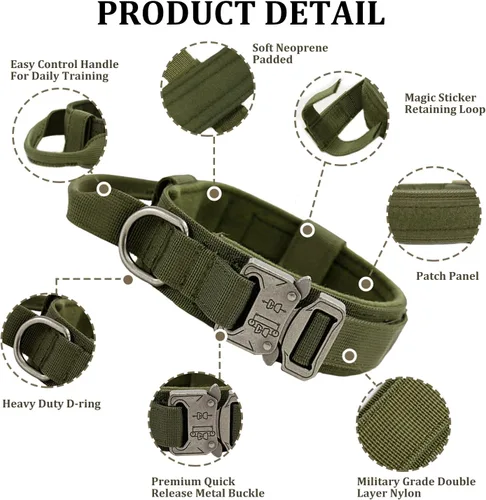 Miniatura 2 de Collar táctico para perro con asa - Collar militar ajustable de entrenamiento para perros de nailon suave y hebilla de metal resistente para perros