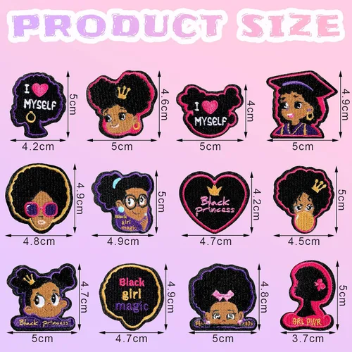 Miniatura 2 de 12 parches bordados para niña negra, parche para coser con planchado, apliques GRL Pwr Princess Reglas de tela, accesorios de ropa, insignia