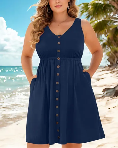 Miniatura 80 de Holipick Vestidos de verano para mujer, talla grande, casual, con bolsillos, acampanado, con botones, sin mangas, cuello en V