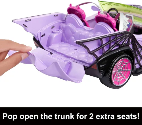 Miniatura 3 de Coche de juguete Monster High, vehículo Ghoul con accesorios para mascotas y enfriadores, convertible púrpura con detalles de telaraña