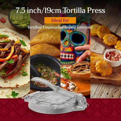 Miniatura 5 de Estrella - Prensa de tortillas de hierro fundido de 7.5 pulgadas – Tortilla resistente para tortillas de maíz y harina, Tostonera y Prensa