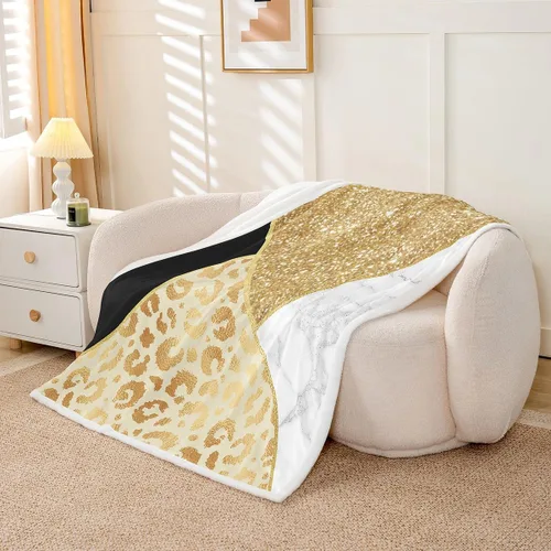 Miniatura 3 de Manfei Manta de mármol con purpurina dorada y estampado de leopardo para sofá, manta de cama de mármol blanco y negro para niños y niñas, manta
