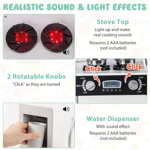 Miniatura 3 de Costzon Juego de cocina para niños, gran juego de juguetes de cocina de chef de madera con sonidos y luces reales, microondas, pizarra, horno