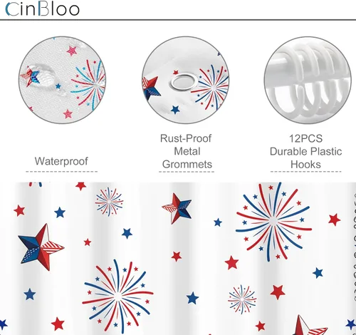 Miniatura 6 de Independence Day Memorial Day 60Wx72H Shower Curtain Patriotic 4th of July Red White Blue American Stars Firework Freedom Bathroom Curtain Set
