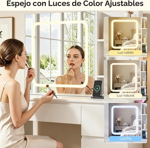 Miniatura 2 de Vabches Escritorio de maquillaje con estación de carga, juego de tocador con espejo, taburete y luces, tocador con 4 cajones y estantes