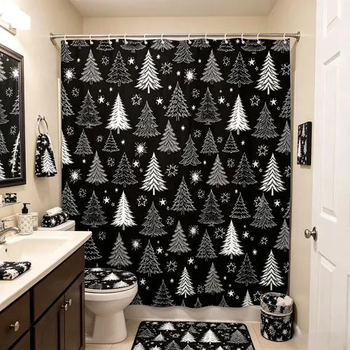 Miniatura 4 de Cortina de ducha con diseño de árbol de Navidad, color negro y blanco, diseño de árbol de Navidad retro, copo de nieve, diseño de pino de Año Nuevo