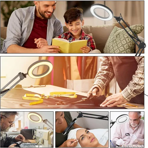 Miniatura 8 de Lámpara de aumento con abrazadera, 8 lámparas de lupa, 3 colores y 10 brillantes, lámpara LED de lupa ajustable de 19 pulgadas, lámpara de brazo