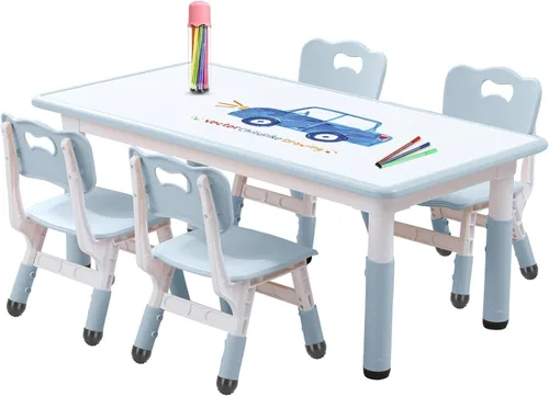 Miniatura 9 de Juego de mesa y silla para niños pequeños, centro de actividades ajustable con patas antideslizantes y superficie a prueba de graffiti de 3 a 12 años