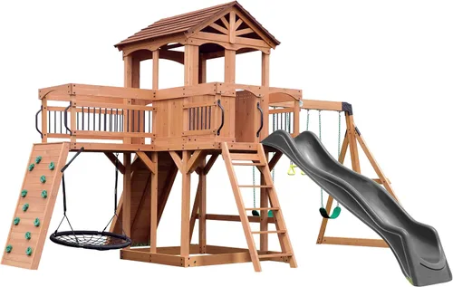 Conjunto de columpios Backyard Discovery Sterling Point de madera de cedro con tobogán de ola, casa elevada, puente de madera, pared de roca, Slide