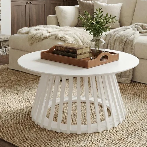 Miniatura 11 de HNY Mesa auxiliar redonda negra moderna para sala de estar, mesa central pequeña de madera de mediados de siglo de 31.5 pulgadas con base acanalada