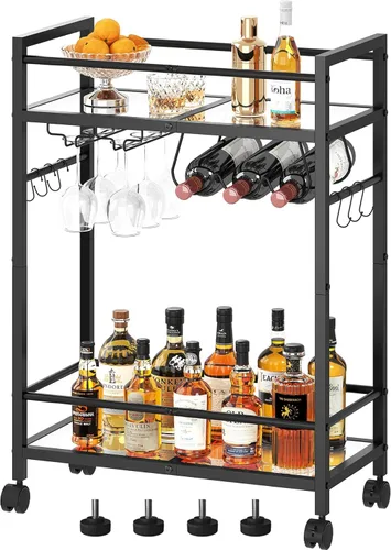 Miniatura 10 de Carrito de bar, carrito de servir para el hogar, carrito de microondas, carrito de bebidas, estante de cocina móvil con estante para vino y soporte