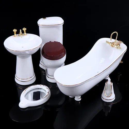 1:12 Juego de baño de porcelana en miniatura para casa de muñecas, 5 piezas, lavabo de cerámica blanca, espejo de bañera, muebles en miniatura,