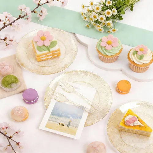 Miniatura 5 de Festiva 200 platos de postre dorados con purpurina de 6.3 pulgadas con tenedores de 5 pulgadas, platos pequeños de plástico para postre, pasteles