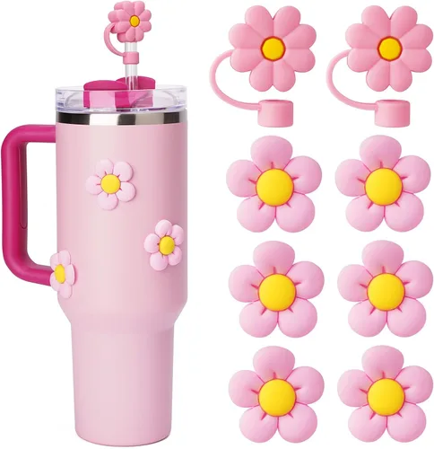 Juego de accesorios compatibles con Stanley Cup, incluye 2 tapones de silicona a prueba de derrames, 6 piezas de decoración de pétalos para vaso