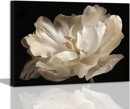 Decoración de baño negro, tulipán blanco sobre fondo negro, arte moderno en lienzo para decoración de baño, arte de pared de baño, ilustraciones